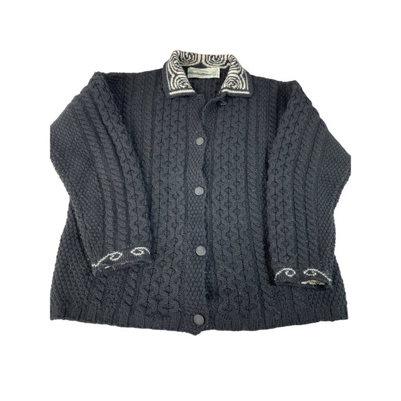 Aran Crafts Sweaters - Aran Crafts Womens Black Merino Wool Cable Knit Sweater L Vintage SKU 8883